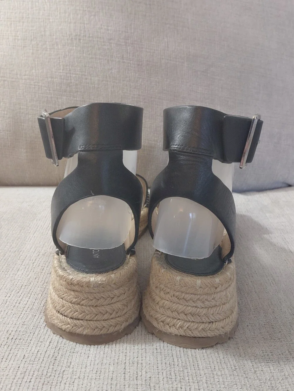 ANTONIO MELANI Black Leather Espadrille Platform Sandals Size 9.5